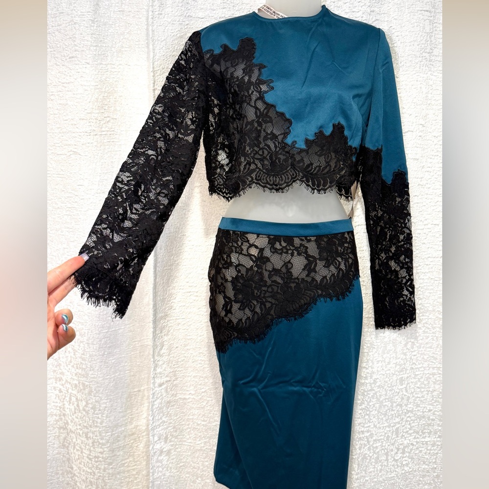 Gorgeous RARE NWT House of CB L Thandi Skirt Crop Top Set Teal Black Lace Sexy